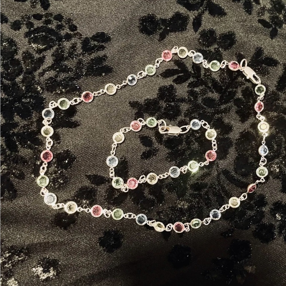 Sterling Silver Multi Color Crystals/Stones 18in Necklace & 7 1/2 in Bracelet